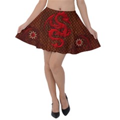 Awesome Chinese Dragon, Red Colors Velvet Skater Skirt by FantasyWorld7