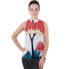 Tree Art Trunk Artwork Cartoon Mock Neck Chiffon Sleeveless Top by Sudhe