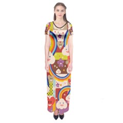 Rainbow Vintage Retro Style Kids Rainbow Vintage Retro Style Kid Funny Pattern With 80s Clouds Short Sleeve Maxi Dress by genx