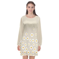 White Daisies Flower Pattern On Vintage Pastel Beige Background Retro Style Long Sleeve Chiffon Shift Dress  by genx