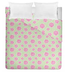 Roses Flowers Pink And Pastel Lime Green Pattern With Retro Dots Duvet Cover Double Side (queen Size) by genx