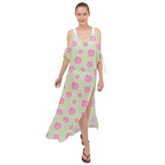 Roses Flowers Pink And Pastel Lime Green Pattern With Retro Dots Maxi Chiffon Cover Up Dress by genx