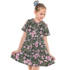 Pink Flowers Leaves Spring Garden Kids  Short Sleeve Shirt Dress by Pakrebo