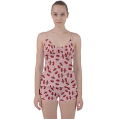 Red Apple Core Funny Retro Pattern Half Eaten On Pastel Orange Background Tie Front Two Piece Tankini by genx