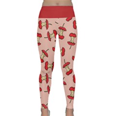 Red Apple Core Funny Retro Pattern Half Eaten On Pastel Orange Background Lightweight Velour Classic Yoga Leggings by genx