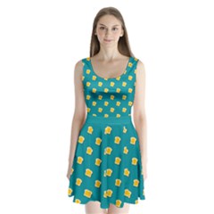 Toast With Cheese Funny Retro Pattern Turquoise Green Background Split Back Mini Dress  by genx