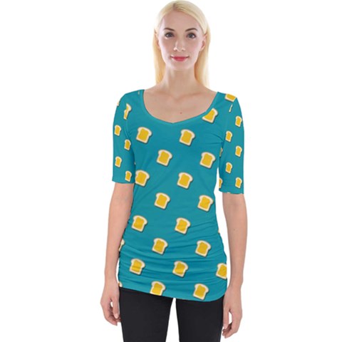 Toast With Cheese Funny Retro Pattern Turquoise Green Background Wide Neckline Tee by genx