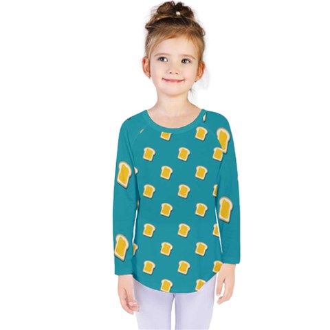 Toast With Cheese Funny Retro Pattern Turquoise Green Background Kids  Long Sleeve Tee by genx