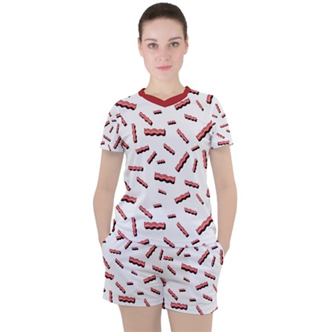 Funny Bacon Slices Pattern Infidel Red Meat Women s Tee And Shorts Set by genx