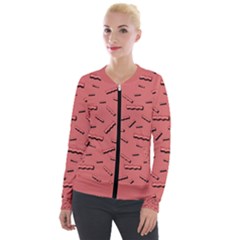 Funny Bacon Slices Pattern Infidel Vintage Red Meat Background  Velour Zip Up Jacket by genx