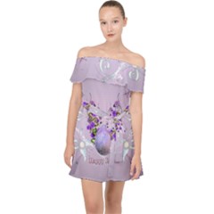 Happy Easter, Easter Egg With Flowers In Soft Violet Colors Off Shoulder Chiffon Dress by FantasyWorld7