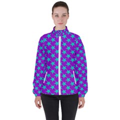 Turquoise Stars Pattern On Purple Women s High Neck Windbreaker by BrightVibesDesign