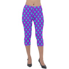 Turquoise Stars Pattern On Purple Lightweight Velour Capri Leggings  by BrightVibesDesign