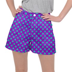 Turquoise Stars Pattern On Purple Stretch Ripstop Shorts by BrightVibesDesign