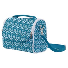 Easter Damask Pattern Deep Teal Blue And White Satchel Shoulder Bag by emilyzragz