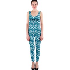 Easter Damask Pattern Deep Teal Blue And White One Piece Catsuit by emilyzragz