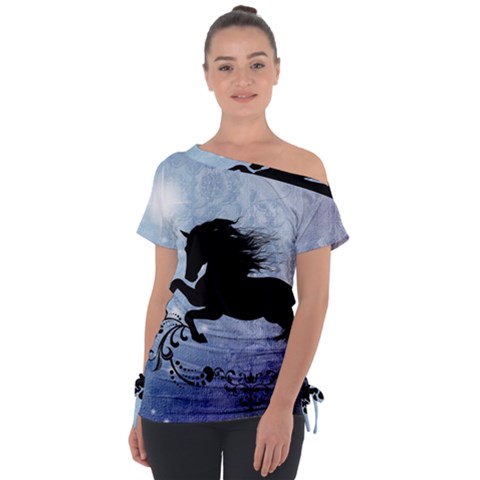 Wonderful Black Horse Silhouette On Vintage Background Tie-up Tee by FantasyWorld7