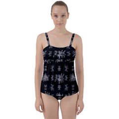 Black And White Ethnic Design Print Twist Front Tankini Set by dflcprintsclothing