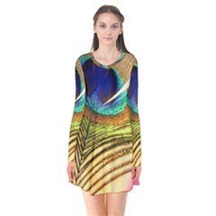 Peacock Feather Colorful Peacock Long Sleeve V-neck Flare Dress by Pakrebo