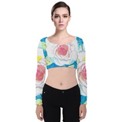 Favorite Rose Watercolor   Velvet Long Sleeve Crop Top by okhismakingart