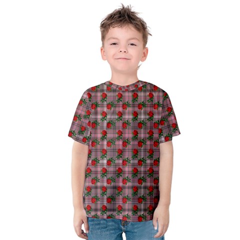 Roses Pink Plaid Kids  Cotton Tee by snowwhitegirl