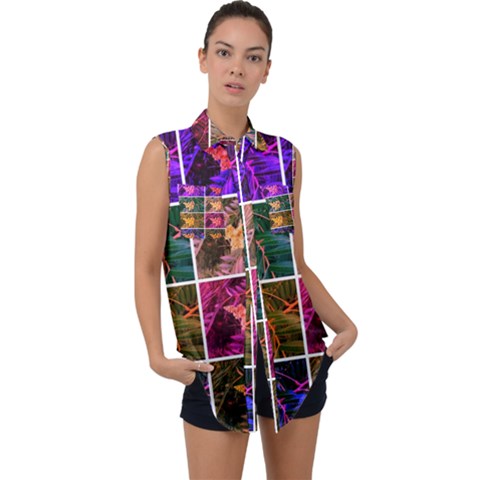 Sideways Sumac Collage Sleeveless Chiffon Button Shirt by okhismakingart