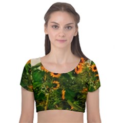 Sunflowers Velvet Short Sleeve Crop Top  by okhismakingart