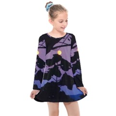 Moon And Catalpa Tree Kids  Long Sleeve Dress by okhismakingart