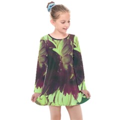 Green Glowing Flower Kids  Long Sleeve Dress by okhismakingart