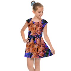 Blue And Gold Sideways Sumac Kids  Cap Sleeve Dress by okhismakingart