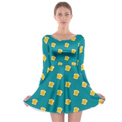 Toast With Cheese Pattern Turquoise Green Background Retro Funny Food Long Sleeve Skater Dress by genx