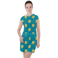 Toast With Cheese Pattern Turquoise Green Background Retro Funny Food Drawstring Hooded Dress by genx