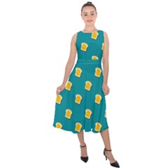 Toast With Cheese Pattern Turquoise Green Background Retro Funny Food Midi Tie-back Chiffon Dress by genx