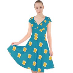 Toast With Cheese Pattern Turquoise Green Background Retro Funny Food Cap Sleeve Front Wrap Midi Dress by genx