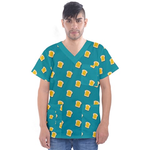 Toast With Cheese Pattern Turquoise Green Background Retro Funny Food Men s V-neck Scrub Top by genx