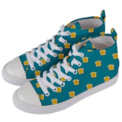 Toast With Cheese Pattern Turquoise Green Background Retro Funny Food Women s Mid-top Canvas Sneakers by genx