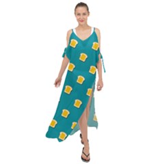 Toast With Cheese Pattern Turquoise Green Background Retro Funny Food Maxi Chiffon Cover Up Dress by genx