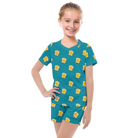 Toast With Cheese Pattern Turquoise Green Background Retro Funny Food Kids  Mesh Tee And Shorts Set by genx