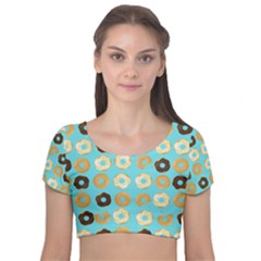 Donuts Pattern With Bites Bright Pastel Blue And Brown Velvet Short Sleeve Crop Top  by genx