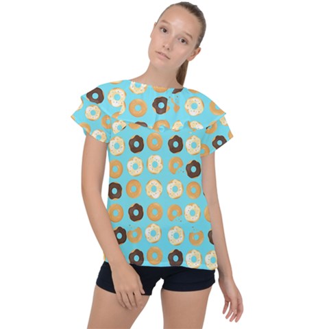 Donuts Pattern With Bites Bright Pastel Blue And Brown Ruffle Collar Chiffon Blouse by genx