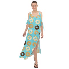 Donuts Pattern With Bites Bright Pastel Blue And Brown Maxi Chiffon Cover Up Dress by genx