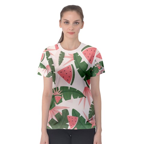 Tropical Watermelon Leaves Pink And Green Jungle Leaves Retro Hawaiian Style Women s Sport Mesh Tee by genx