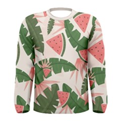 Tropical Watermelon Leaves Pink And Green Jungle Leaves Retro Hawaiian Style Men s Long Sleeve Tee by genx