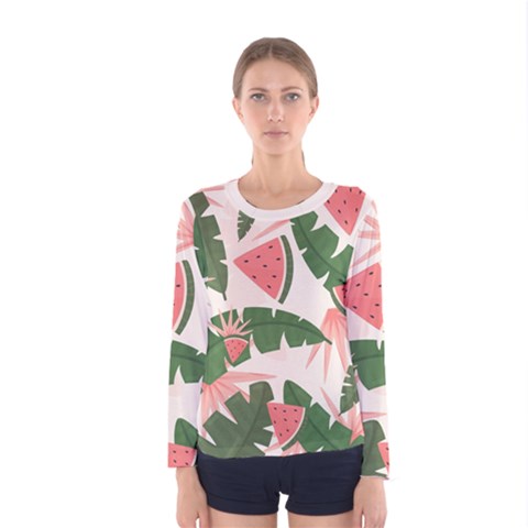 Tropical Watermelon Leaves Pink And Green Jungle Leaves Retro Hawaiian Style Women s Long Sleeve Tee by genx