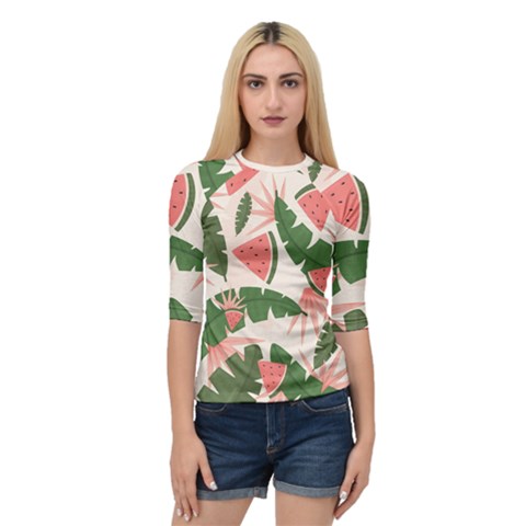 Tropical Watermelon Leaves Pink And Green Jungle Leaves Retro Hawaiian Style Quarter Sleeve Raglan Tee by genx