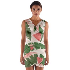 Tropical Watermelon Leaves Pink And Green Jungle Leaves Retro Hawaiian Style Wrap Front Bodycon Dress by genx