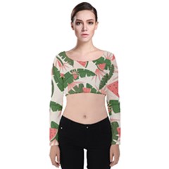 Tropical Watermelon Leaves Pink And Green Jungle Leaves Retro Hawaiian Style Velvet Long Sleeve Crop Top by genx