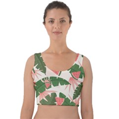 Tropical Watermelon Leaves Pink And Green Jungle Leaves Retro Hawaiian Style Velvet Crop Top by genx