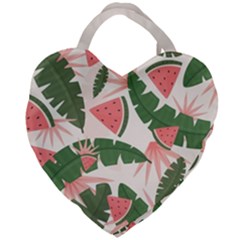 Tropical Watermelon Leaves Pink And Green Jungle Leaves Retro Hawaiian Style Giant Heart Shaped Tote by genx