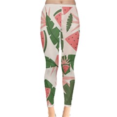 Tropical Watermelon Leaves Pink And Green Jungle Leaves Retro Hawaiian Style Inside Out Leggings by genx